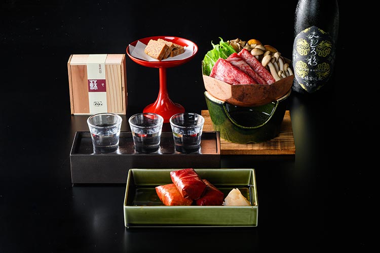 ご夕食「古代大和の特別会席」(一部)と「飛鳥・藤原の宮都」エリアの日本酒3種飲み比べ